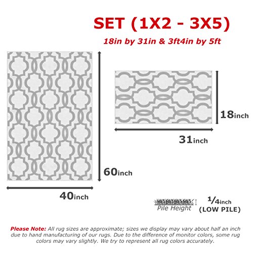 Kapaqua Rubber Backed 2-Piece Rug Set Fancy Moroccan Trellis Grey & Black Area Non-Slip Rug - Rana Collection Kitchen Dining Living Hallway Bathroom Pet Entry Rugs RAN204GRY-2PC - Thumbnail 2