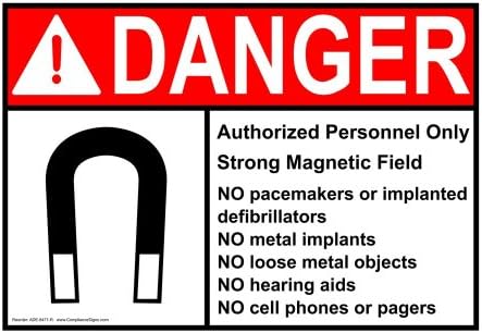 ComplianceSigns Vinyl ANSI DANGER label, 5 x 3.5 in. with MRI / X-Ray / Microwave info in English, 4-pack White