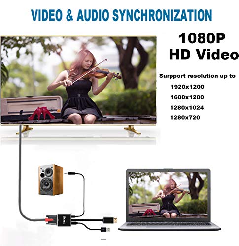 HDMI to VGA Adapter with Audio, UKYEE HDMI to VGA 1080P Male to Female Converter Nylon Braided for PC,Laptop,Monitor,Projector,HDTV,Xbox with 3.5mm Audio Cable and Micro USB Cable- Black