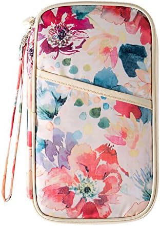 SAANEE RFID Travel Wallet &amp; Documents Organizer Zipper Case, Family Passports Holder with Wristlet Strap (Spring of Flowers)