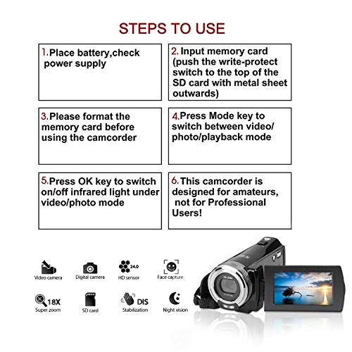 Video Camera Camcorder 24MP 2.7 Inch HD 1080P Digital Camcorder,16X Digital Zoom Camera Recorder with 270 Degrees Rotatable Screen Rechargeable Battery YouTube Vlogging Camera
