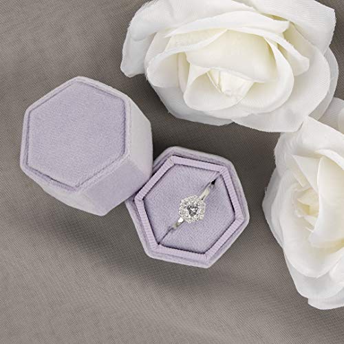 Koyal Wholesale Velvet Ring Box, Hexagon Vintage Wedding Ceremony Ring Box with Detachable Lid, 2 Piece Engagement Ring Box Holder, Modern Proposal Idea (Iris)