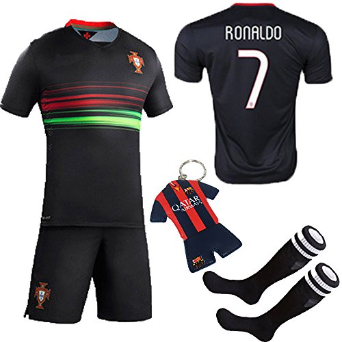 KID BOX 2015 Portugal #7 Away Black Soccer Football Jersey Sportswear Team Polo Shirt & Short & Sock & Key Chain for Kids 3-14 Years
