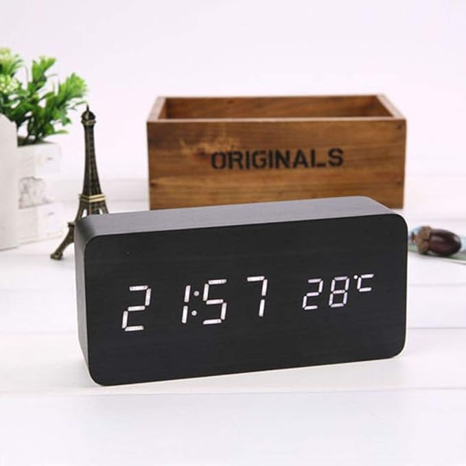 PXQOV Modern Digital Led Alarm Clock Sound Control Wooden Desktop Clock