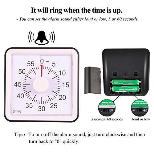 60 Minute Visual Analog Desktop Kid Timer Countdown Clock Optional Alert (3S/60S) Small/Big Sound Square for Classroom Meeting Kids Adults (Black Color)