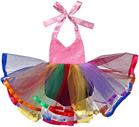 Bowant Baby Kids Girls Romper Rainbow Tutu Dress Backless Halter Sequins Jumpsuit Outfits For Party (1-2 Years)