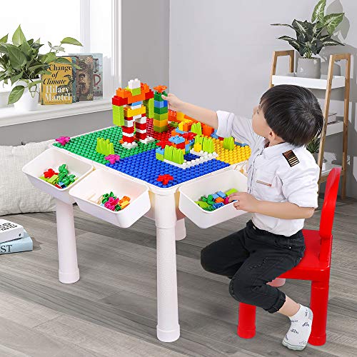 SNAEN Multi-purpose Activity Table Set for Kids Building, Drawing, Reading, Dining - Toddler Play and Learn Desk with 1 Chair and 4 Storage Boxes - Primary Colors for Boys and Girls 3+ (150PCS Bricks)