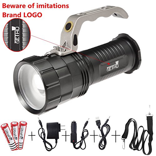 Lethu Rechargeable LED Searchlight Tactical Flashlight CREE XM-L2 T6 Spotlight 2800 Lumens Waterproof Handheld Floodlight For Camping, Hiking ，Rechargeable 18650 Battery Powered ( included)