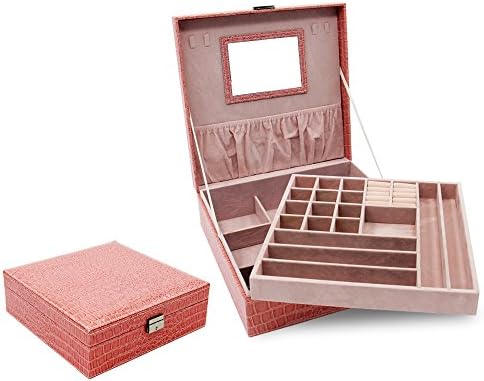 Two-Layer Lint Jewelry Box,PU Leather Jewelry Display Box,Crocodile Leather Pattern Jewelry Organizer Storage Case with Mirror and Lock. (Pink)