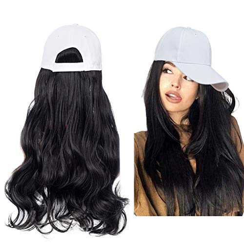 Cap wig Hair Extensions with Hat One Piece 24″Long Synthetic Hairpiece Ponytail Hair Accessories for Women Ladies Girls Dark Black