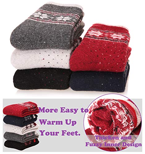 Womens Wool Socks Thick Heavy Thermal Fuzzy Winter Warm Snowflake Crew Socks For Cold Weather 5 Pack (Pattern)