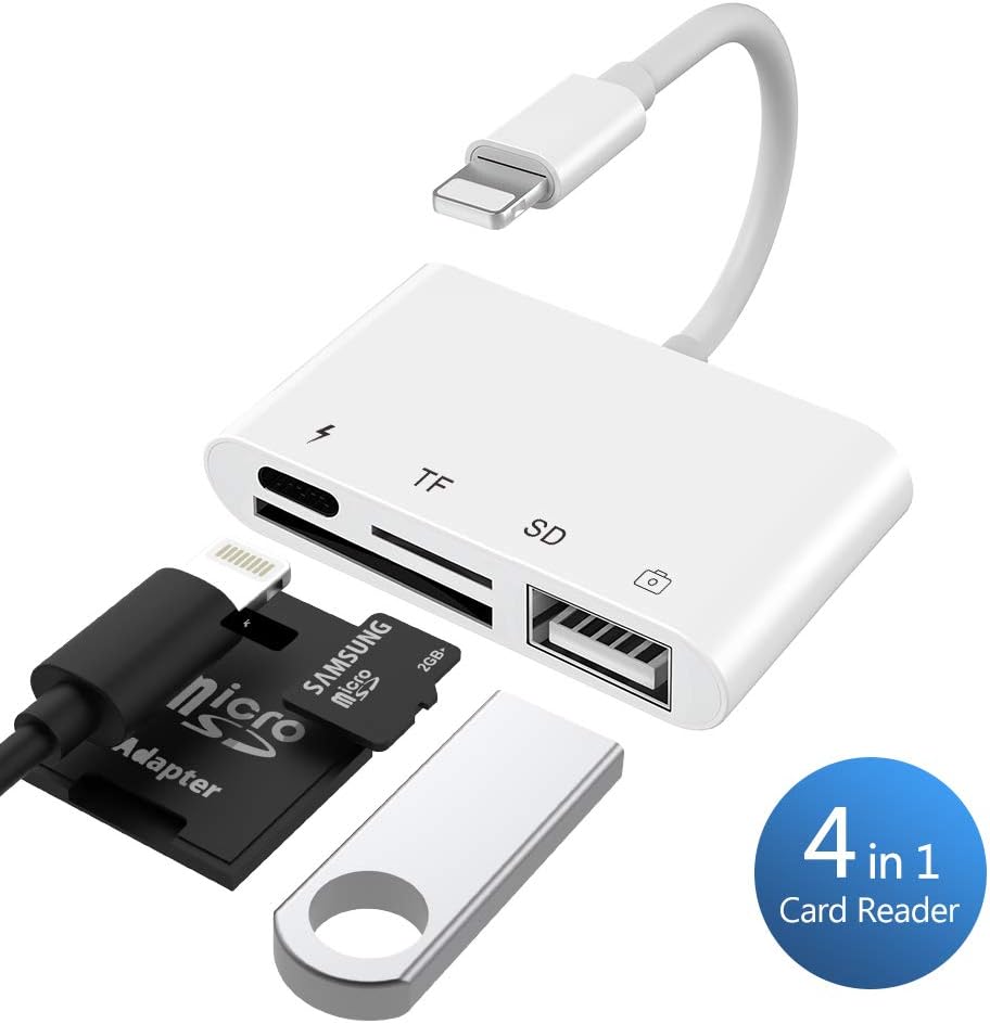 SD TF Card Reader Adapter, 4 in 1 Lightening to USB Drive Adapter, Card Reader with USB 2.0 Female OTG Interface, Memory SD/TF Card Reader, Camera Adapter Compatible with Phone X/8/Pad