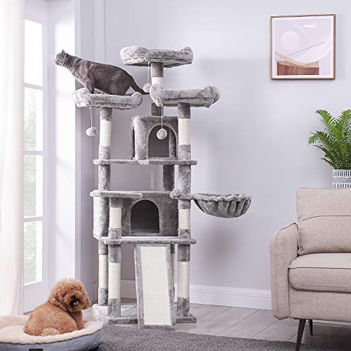 FEANDREA Cat Tree, Large Cat Tower, Cat Condo with Scratching Posts, Board, 2 Caves, 3 Plush