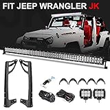 Racbox 52 Inch Off road LED Light Bar + 2 X 4 inch LED Pods Light + Windshield Mounting Brackets with Wiring Harness Set for Jeep Wrangler JK Unlimited JKU Rubicon Sahara 2007-2018