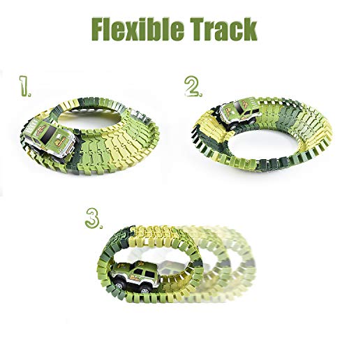 Fulljion Jurassic World Dinosaur Toys Track Racing Playset, 142pcs Building Toys DIY Assembled Track Set 2 Electric Cars(Equipped 2 Batteries), 3 Dinosaurs, 5 Soldiers - Children Christmas Toys