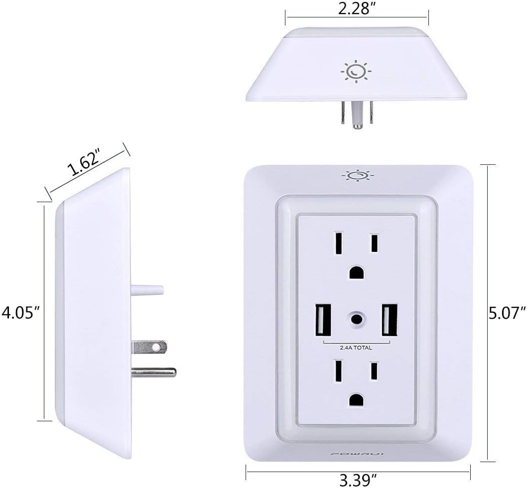 USB Wall Charger, Surge Protector, POWRUI USB Outlet with 2 USB Ports (2.4A Total) and Dusk-to-Dawn Sensor Night Light, 1080Joules, ETL Listed - White (2-Pack): Home Audio & Theater