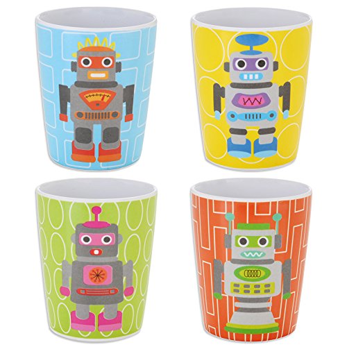 French Bull - BPA Free Kids Cups - 6 ounce Melamine Kids Juice Cup Set - Robot, Set of 4