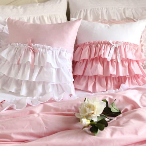 Swanlake Shabby White/Pink Three layers Ruffles Cotton Matching Cushion Cover 1609 (White ruffles with pink base)