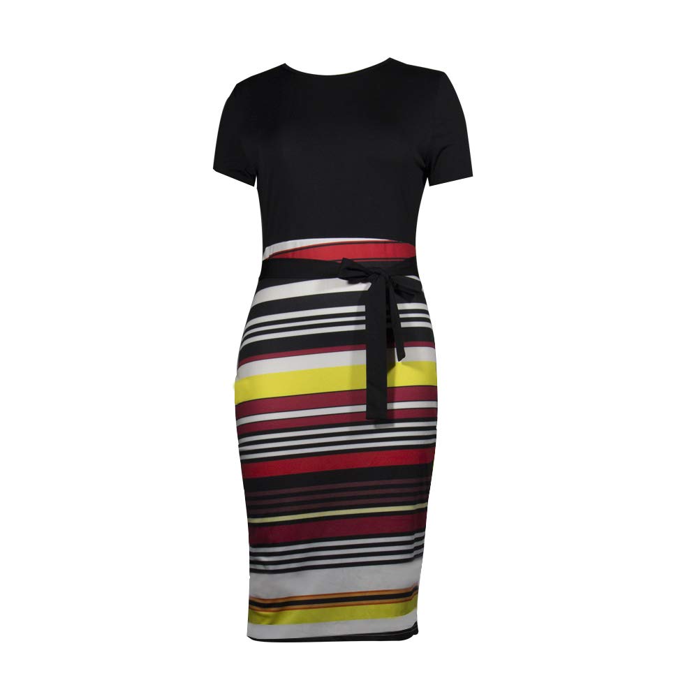 Women\' Short Sleeve Bodycon Dress - Cute Bowknot Floral Pencil Dress X-Large Black and Stripes and White