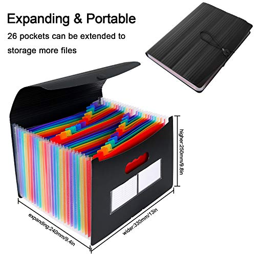 26 Pockets Accordian File Organizer, Expanding File Folder A4 Letter Size Expandable Filing Box, Rainbow Document Organizer,Portable Paper Bill Receipt Bag Plastic Folders with A-Z Alphabet Blank Tabs