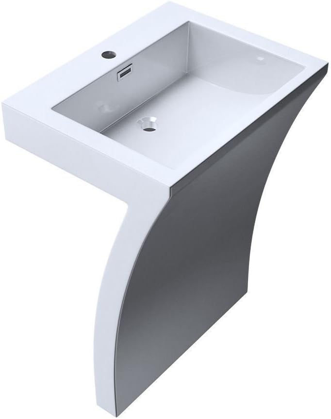 Durovin Bathrooms Luxurious Cast Stone Pedestal Basin - 7 Shaped Freestanding Sink with Overflow Slot & Single Tap Hole - Includes Push Pop Up Round Waste Plug PU04
