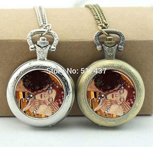 Pretty Lee Gustav Klimt The Kiss Pocket Watch Photo Locket Necklace Vintage Pocket Watch Necklace