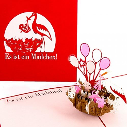 Pop-Up Card for Birth "Es ist ein Girl" - Funny 3D Card with Rattle Pick & Baby - Congratulations Card as Decoration, Voucher, Small Gift & Gift Packaging