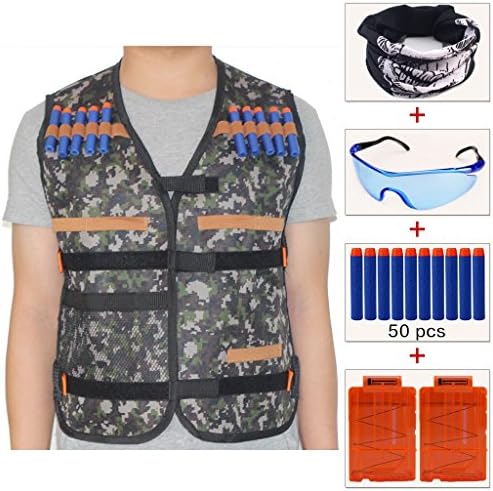Kids Jungle Camouflage Tactical Vest Jacket Kit (with 50pcs Blue Foam Darts + Protective Goggles Glasses+Seamless Face Mask+2 Pcs 5-dart Quick Reload Clip) for Nerf Toy Gun N-strike Elite Series