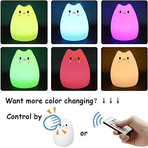 Children Night Light, Elfeland Remote Control LED Cute Silicone Cat Lamp 12+1 Colors/6 Lighting Modes/USB Rechargeable/Timing Off for Baby Kids Bedside Bedroom Nursery Birthday Gift Valentine Present