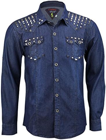 Mens Cotton Denim Indigo Blue Western Long Sleeve Slim Fit Smart Casual Metal Stud Pocket Shirt