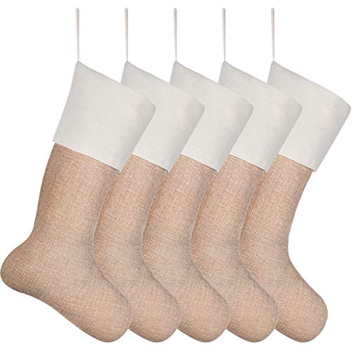 Sunshane 5 Pieces Burlap Christmas Stockings Xmas Fireplace Hanging Stockings Decoration Stockings for Christmas Decoration DIY Craft, Flaxen - Thumbnail 5
