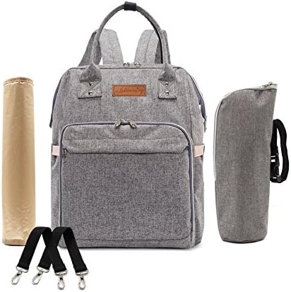 Canvas Diaper Bag Backpack-Maternity Nappy Organizer Back Pack for Mom / Dad with Baby Stroller Straps, Changing Pad, Insulated Bottle Bag for Travel ,Grey
