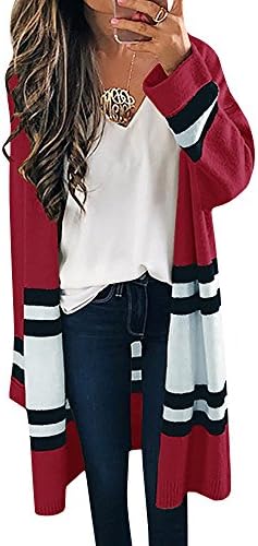 SUNMMWERY Womens Long Cardigans Yellow Color Block Open Front Long Sleeve Kint Cardigan Sweaters (Medium, Red)