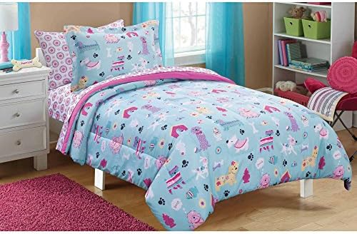 7 Piece Aqua Blue Pink Puppy Love Dogs Comforter Set Full Size