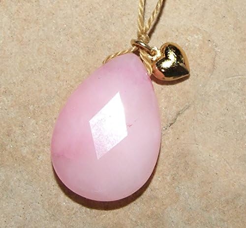 Large Pink Chalcedony Quartz Faceted Pear with Puffy Gold Heart Charm Cord Necklace