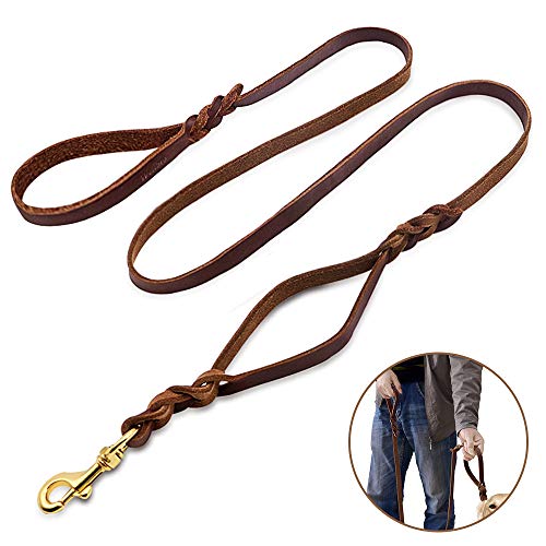 Wellbro Double handle Leather Dog Leash, 6 Foot Braided Dog Training Leash, Soft and Deluxe Pet Walking Lead with Copper Hook, For Safe Control of Medium/Large Dogs, Brown - Thumbnail 7