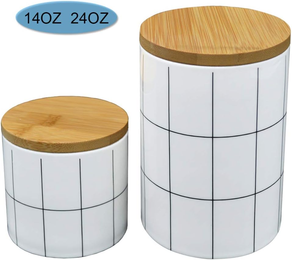 OUEEGER 2 Pack White Ceramic Storage Jars, Kitchen Food Container with Airtight Seal Bamboo Lid, Porcelain Canister for Cookies, Coffee, Tea, Nuts And More