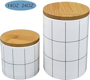 OUEEGER 2 Pack White Ceramic Storage Jars, Kitchen Food Container with Airtight Seal Bamboo Lid, Porcelain Canister for Cookies, Coffee, Tea, Nuts And More