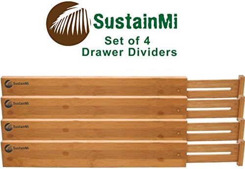 Bamboo Wooden Drawer Dividers | Expandable and Adjustable Kitchen Drawer Organizer |Good for Bedroom, Bathroom, Baby, Desk | Set of 4|