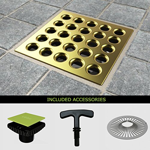 Ebbe E4402-E4400 Square Plate Drain Grate in Satin Gold and Drain Riser w/Hair Trap & T-Puller