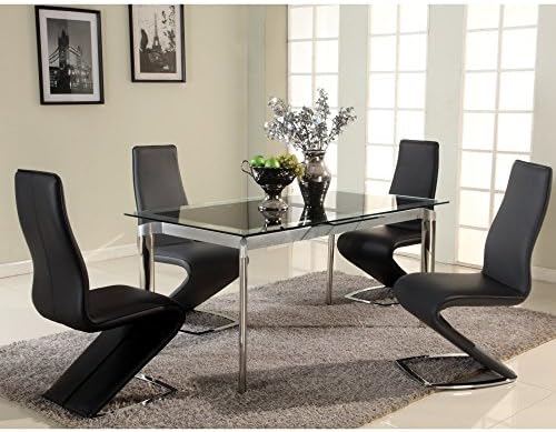 Chintaly Imports Tara Pop-up Extension Glass Dining Table, Stainless Steel/Black/Clear