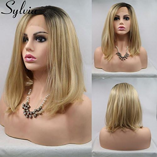 Sylvia Celebrity Hairstyle Short Blonde Bob Wigs Ombre Short Striaght Hair Synthetic Lace Front Wigs Golden Bob Hair Heat Resistant Lace Wig 14"