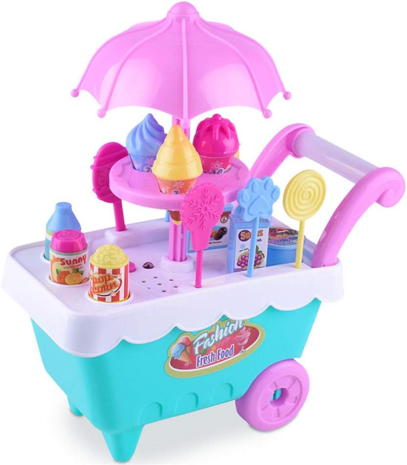 Bebester Ice Cream Cart, 16Pcs Pretend Play Set Ice Cream Trolley Toy Pretend Play Food Dessert And Candy Trolley Set Toy With Sticker Role-Play Family Game For Boy And Girl 3+