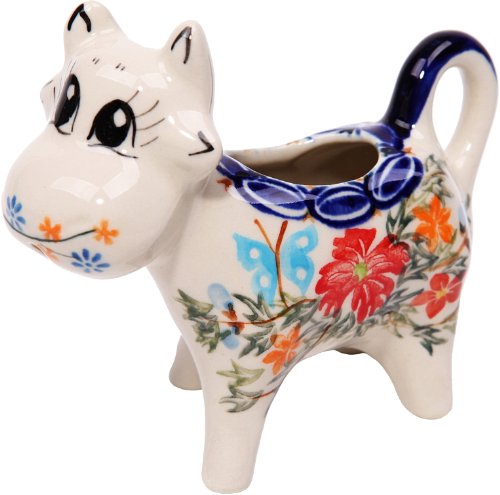 Polish Pottery Ceramika Boleslawiec,  0501/238, Creamer Cow, 1/3 Cup, Royal Blue Patterns with Red Cornflower and Blue Butterflies Motif