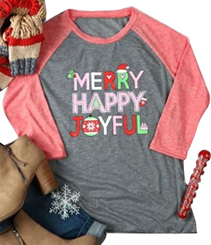 MNLYBABY Christmas Merry Happy Joyful Baseball T-Shirt Women Raglan Long Sleeve Top Blouse Size US S/Tag M (Pink)