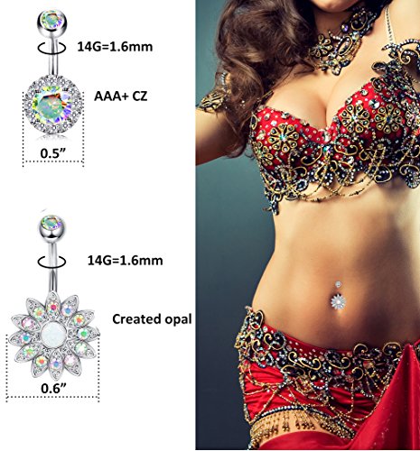Milacolato 10PCS Stainless Steel Belly Button Rings for Womens Girls Navel Rings Barbell Dangle Acrylic CZ Body Piercing Jewelry AB