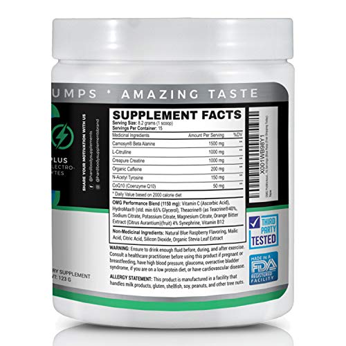 OMG Preworkout with Organic Caffeine and Creatine for Men and Women | Electrolytes and Stevia | Boost Energy, Stamina, Mental Clarity and Focus