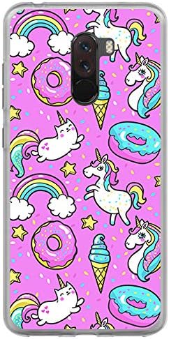 BJJ SHOP Transparent case for [ Xiaomi Pocophone F1 ], TPU flexible silicone shell, design: Donuts unicorns and rainbows on pink background