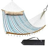 Ohuhu Double Hammock Quilted Fabric Swing with Strong Curved-Bar Bamboo & Detachable Pillow, 55"x75" Large Hammocks with Carrying Bag, 4.6'W x 6.2'L, Blue & White Stripe