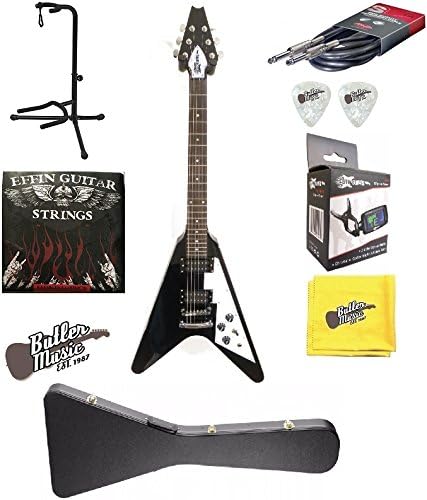 Effin Guitars FV/BK V Shaped Black Electric Guitar w/Hard Case and More